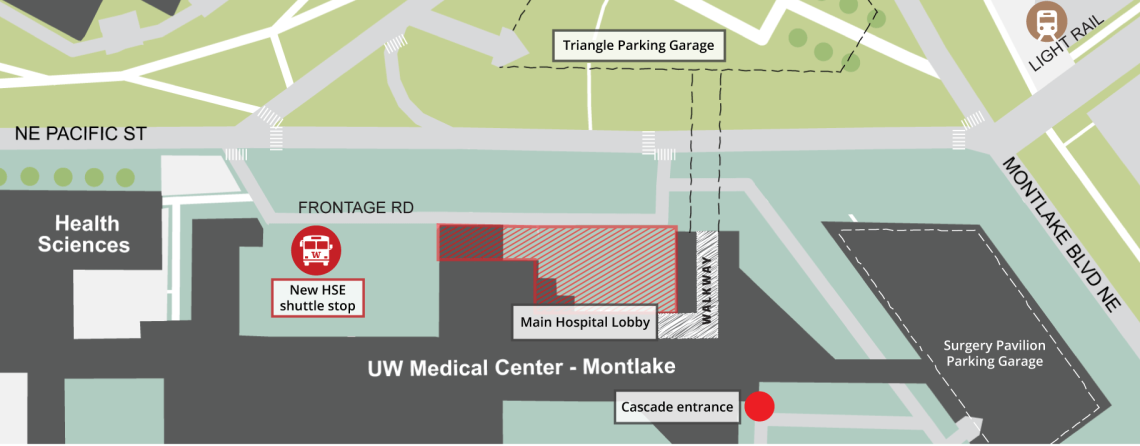 map of uwmc shuttle stop temporary relocation with cascade entrance marked