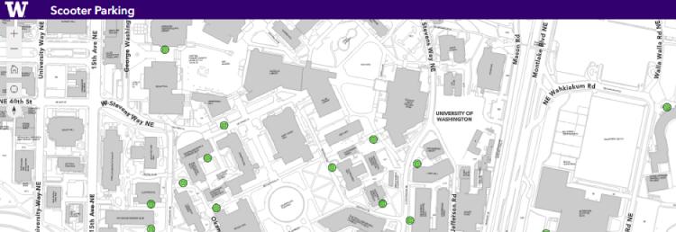 map of central campus with locations marked for Lime scooter parking